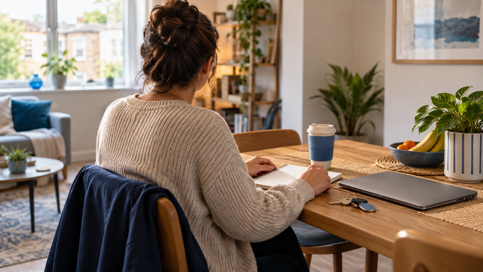 A person preparing for the working day at a table in a bright, comfortable home.